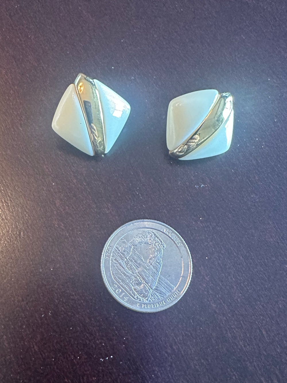 Vintage Monet Signed Cream White Enamel Gold Geometric Square Clip On Earrings